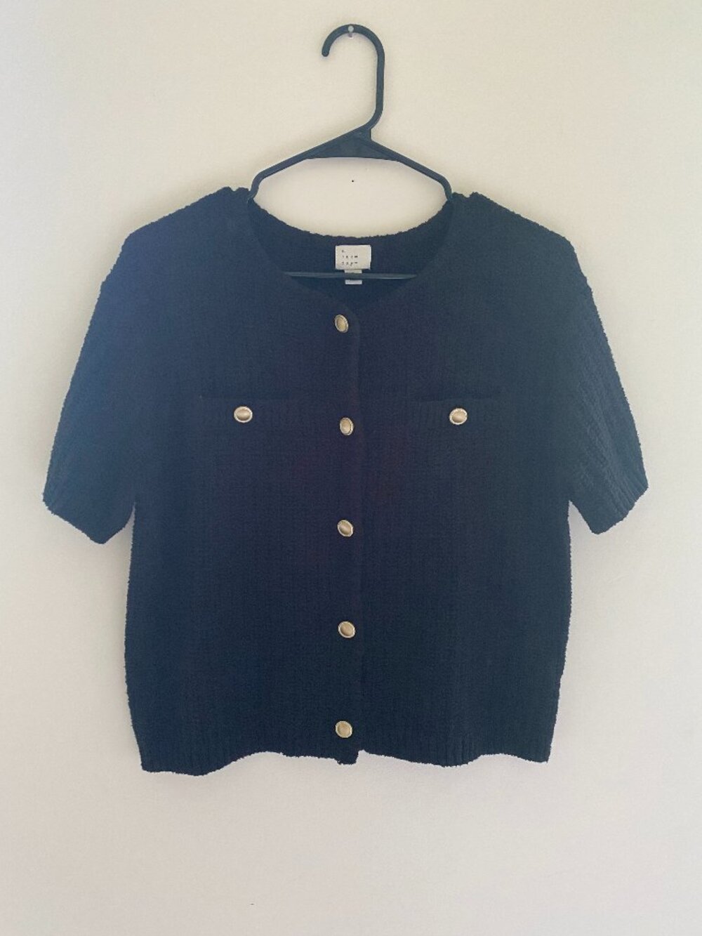 A New Day Black Textured Knit Gold Button Cardigan Sweater Short Sleeve Size S